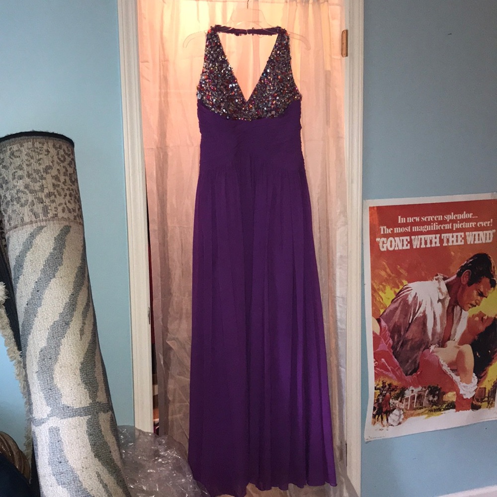 Boutique Purple prom gown with halter beaded top